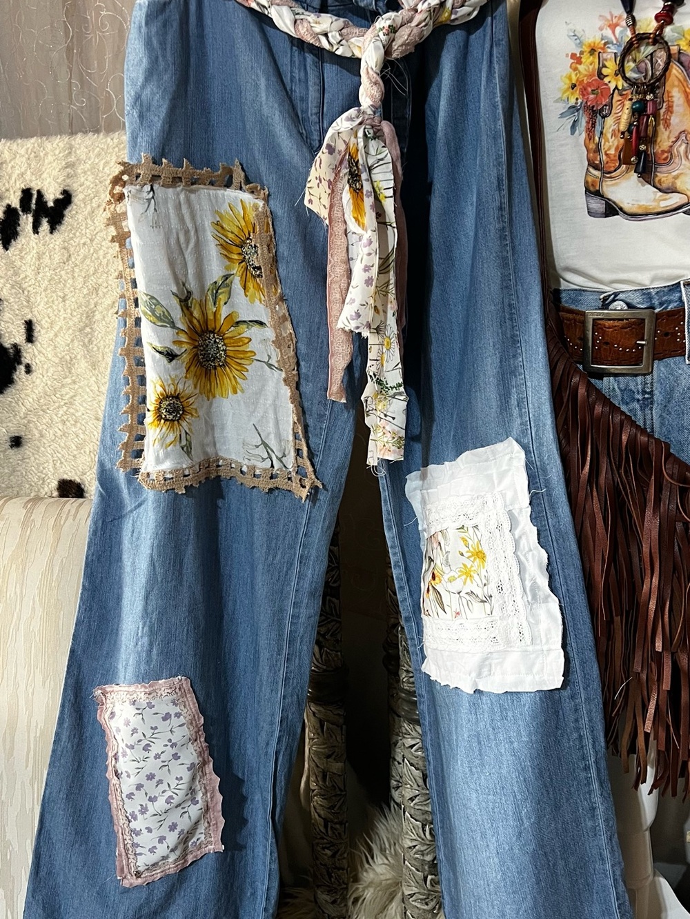 J. Jill Denim Wide-Leg Jeans with Floral Patchwork - Blue